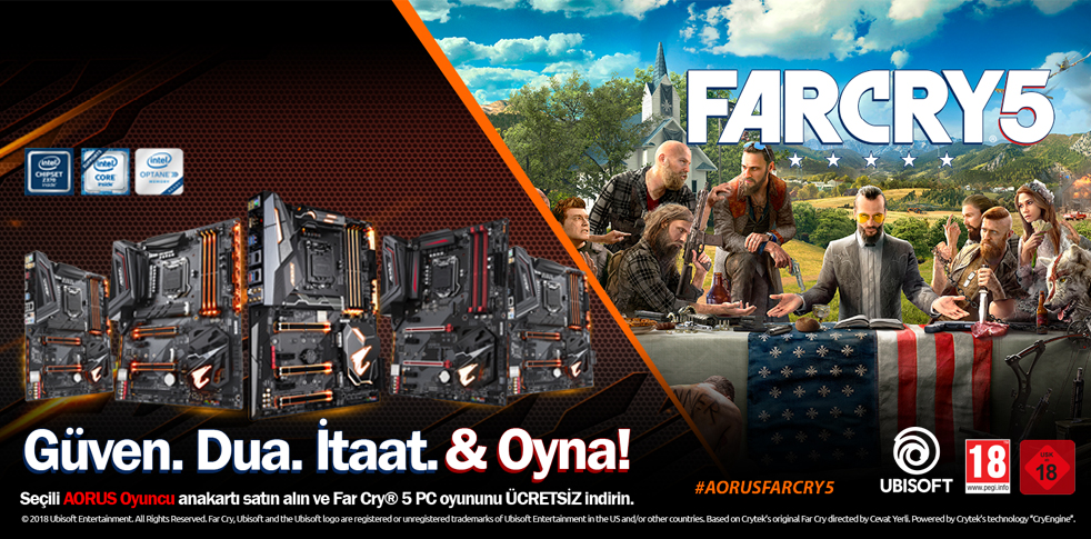 Seçili AORUS oyuncu anakartlarından birini satın al ve Far Cry 5 PC oyun anahtarına ÜCRETSİZ* sahip ol